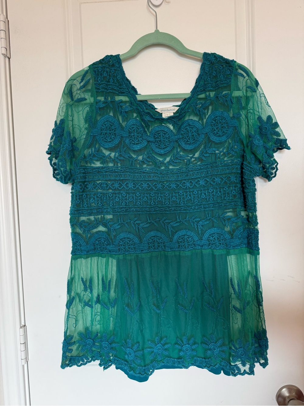 Sundance Sense of Wonder Embroidered Teal Lace Sheer Lined Blouse